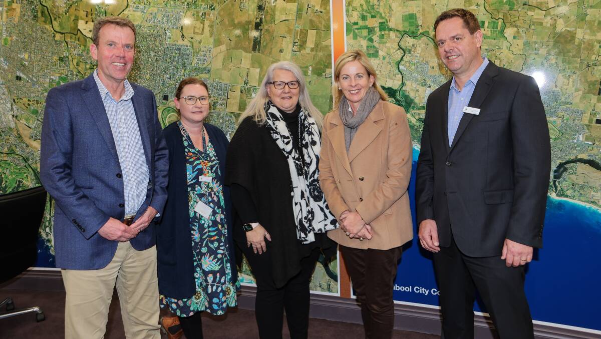 Wannon MP Dan Tehan, Ebony Grieve, Tina McLeod, Federal opposition spokesperson for early childhood education and youth Angie Bell and Warrnambool City Council CEO Andrew Mason. Picture by Anthony Brady
