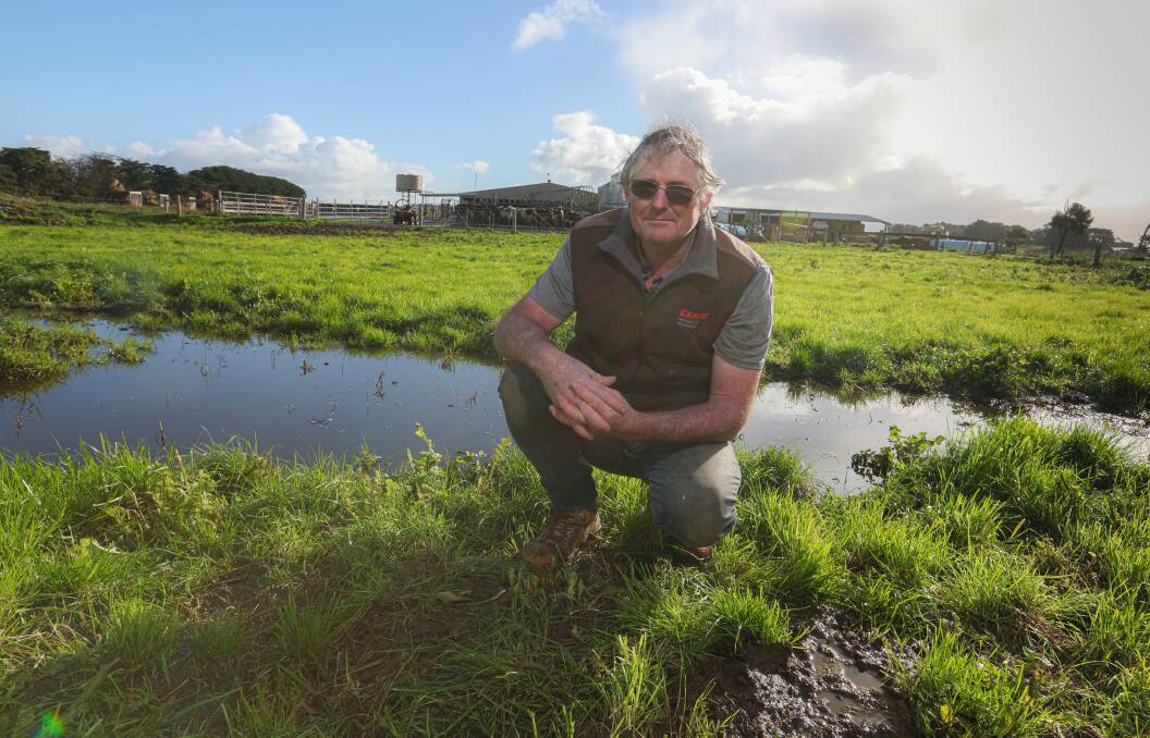 Winslow dairy farmer Bernie Free in a very wet paddock at his property. Picture by Eddie Guerrero