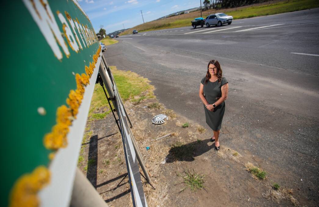 DANGEROUS AND DILAPIDATED: South West Coast MP Roma Britnell stands on the Princes Highway at Illowa near a rough section of the major thoroughfare. 