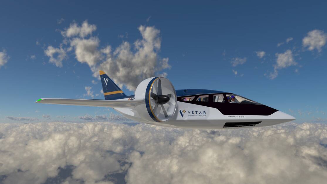 A rendering of the TriFan 600 build by XTI Aircraft in the USA, the fastest of all the electric vertical take off and landing aircraft at 630 kmh. A hybrid electric generator provides battery re-charge and can also directly power the ducted fans. Picture supplied