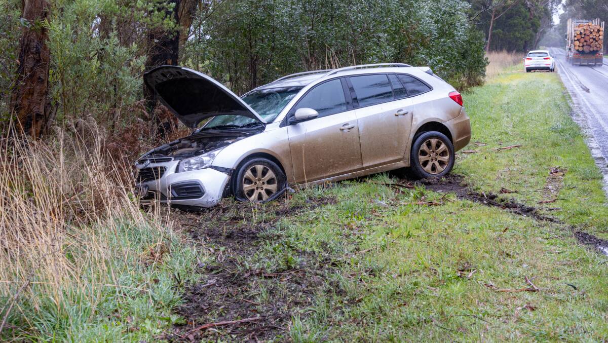 The driver of this vehicle lost control after hitting a fallen tree on the Cobden-Warrnambool Road on Monday, July 15. Picture by Eddie Guerrero