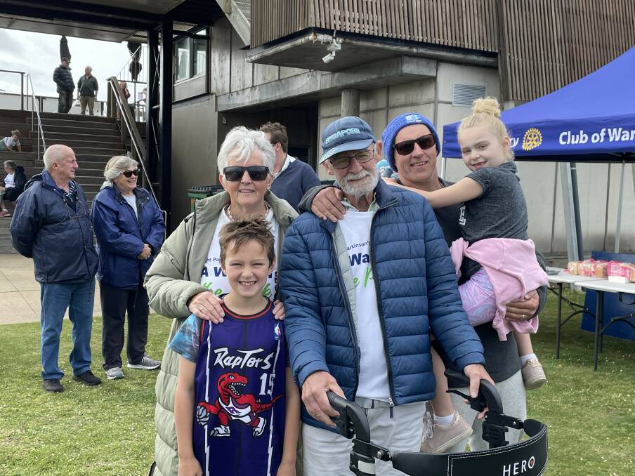 Warrnambool's Judy and Noel Lilley get ready to take part in the city's Parkinson's walk with their son Scott and grandchildren Jed, 9, and Quinn, 6. Picture by Monique Patterson
