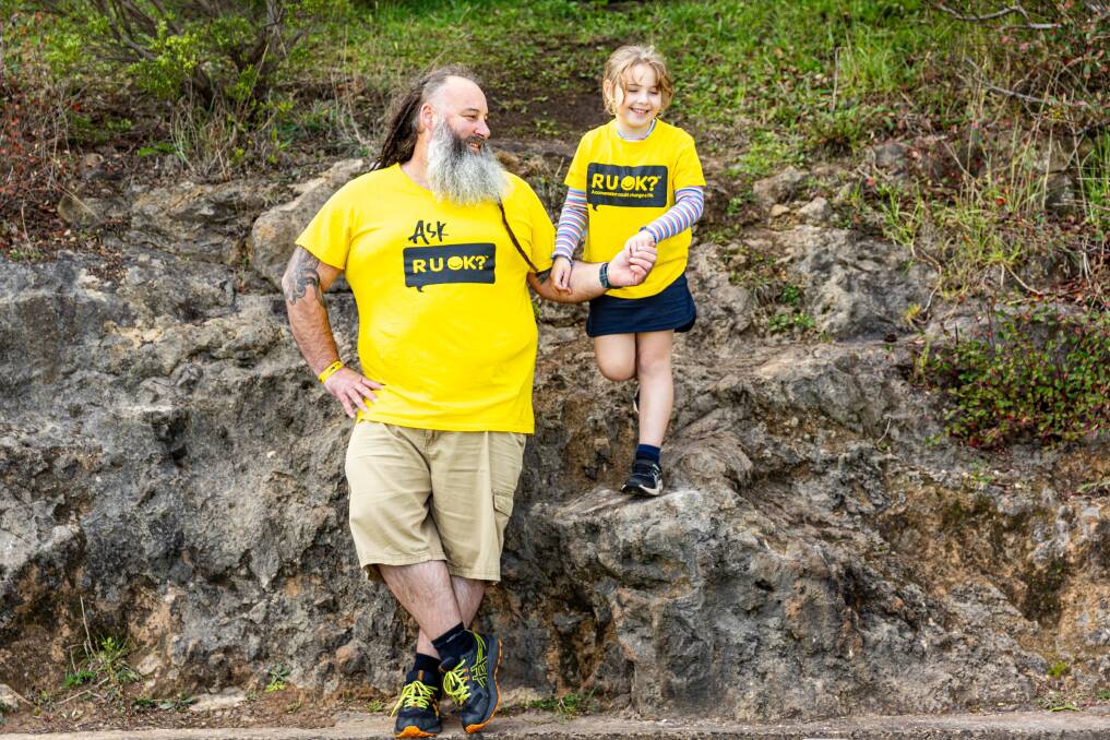 Nathan McKane and his daughter Harper, 7, are taking part in the RUOK? challenge to share the message that 'every conversation can save a life.' Picture by Eddie Guerrero