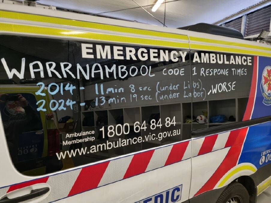 A Warrnambool ambulance is adorned with a message about response times.