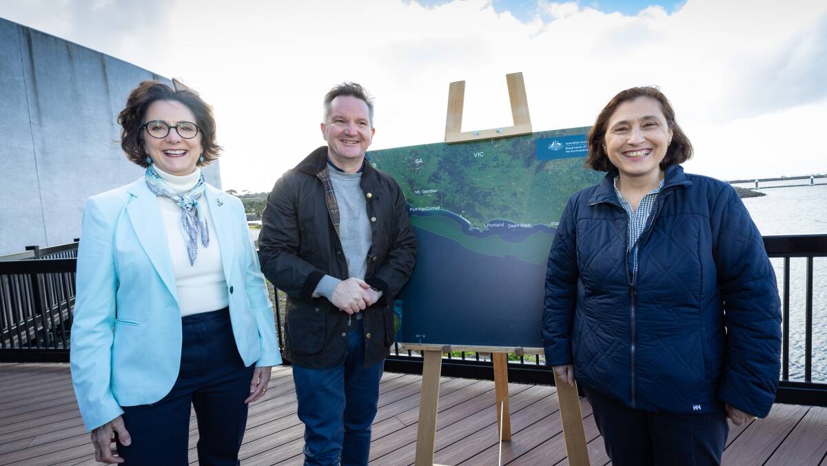 Federal Minister for Energy and Climate Change Chris Bowen, centre, with Western Victoria MP Jacinta Ermacora and Victorian Energy Minister Lily D'Ambrosio at the announcement in Portland. Picture by Sean McKenna