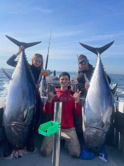BIG HAUL: Ashby Hoey, Billy Olver and James Cauchi had a good day at sea on Monday. Ashby, a Port Fairy angler, reeled in a 115 kilogram bluefin tuna.