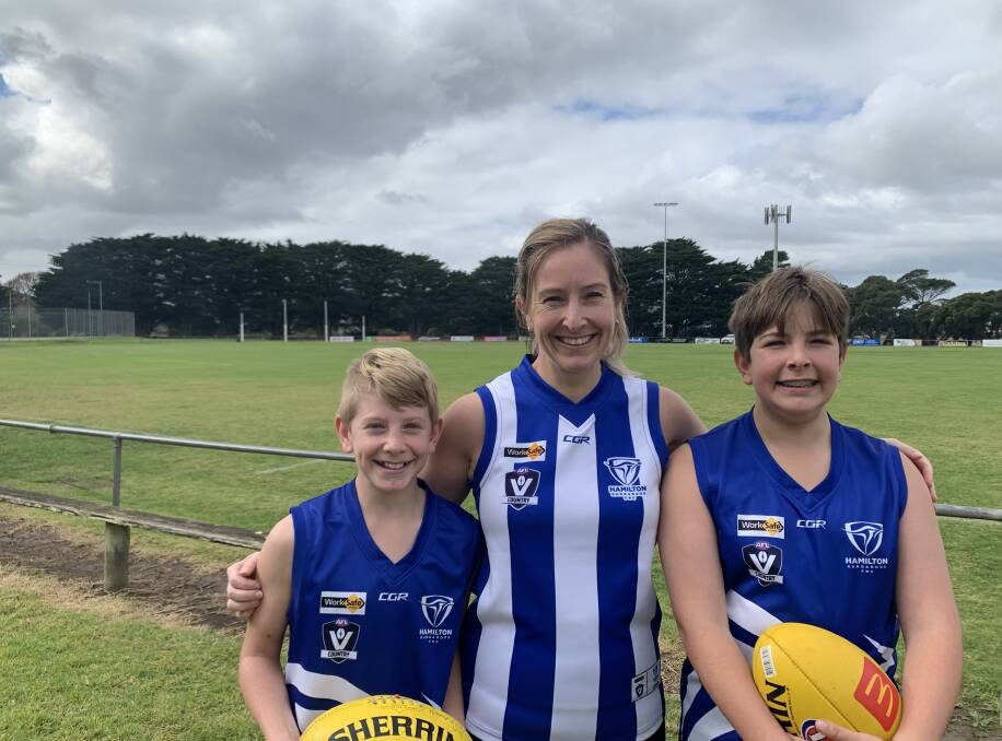 SPECIAL PRESENT: Bec Malseed's sons Jake, 11, and Riley, 13, cheered her on as Hamilton defeated Tyrendarra on Sunday.