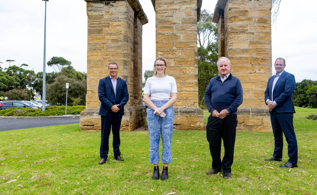 Deakin University's Alistair McCosh, intern Gaby Carty, Dr Barry Morphett and South West Healthcare CEO Craig Fraser celebrate the announcement of the Warrnambool campus now offering the full medical degree earlier this year. Picture by Anthony Brady