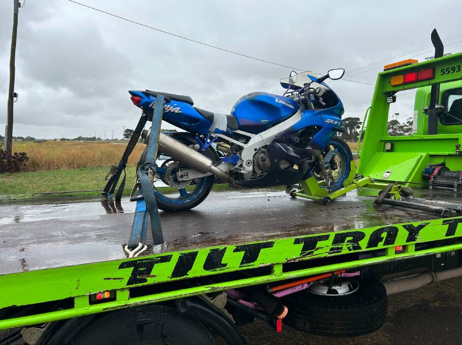 The Ninja rider was busted at Stonyford in the rain about 12.30pm Saturday at 176kmh. The bike was seized and the rider is in the Warrnambool police station cells.