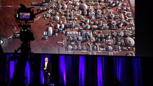 Elon Musk presents what he imagines a human colony on mars might look like. Photo: AAP