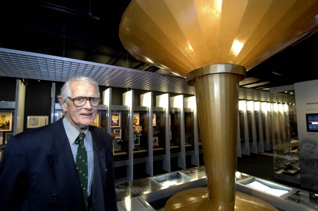 Ballarat's original Olympian John Vernon with the cauldron from the 1956 Melbourne Olympic Games. The cauldron is housed in the National Sports Museum at the MCG. Picture by Jeremy Bannister.