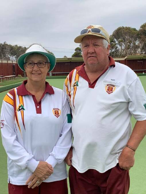 Honoured: Mixed pairs winners Fiona Newey and Gary Duro from Timboon Bowling Club. Picture: Supplied by WDBD Facebook page
