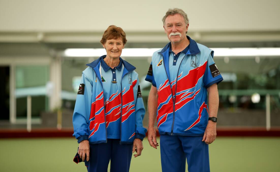 NEW KIT: Terang Bowls Club's Clare Pearson and Graeme Downie showing off the new uniforms. Picture: Chris Doheny 