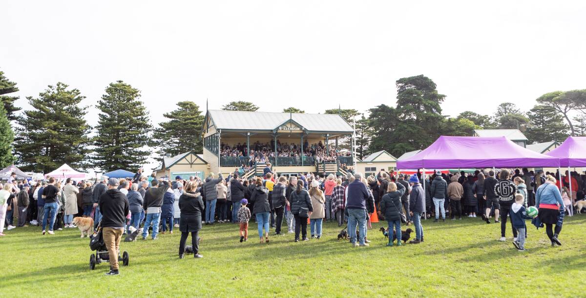 Visitors and locals attend the Dachshund Dash in Port Fairy on Saturday. Picture: Anthony Brady 