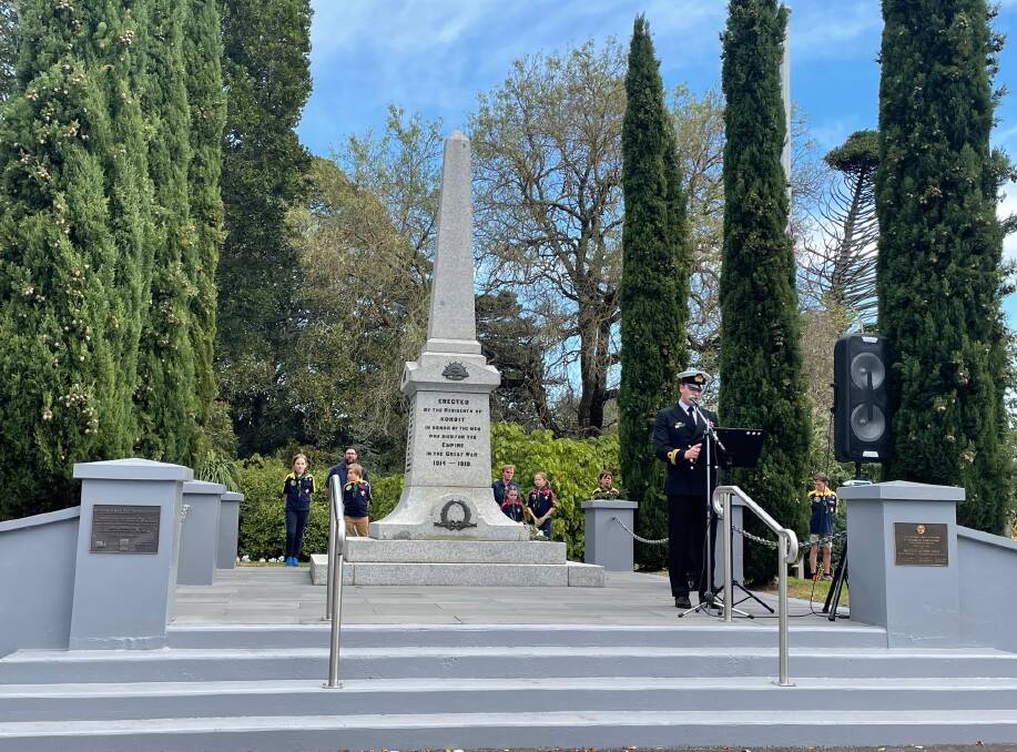 Serviceman: Sydney- based Royal Australian Navy lieutenant Dylan Root addressed the crowd at Koroit Anzac Day service. Picture: Madeleine McNeil
