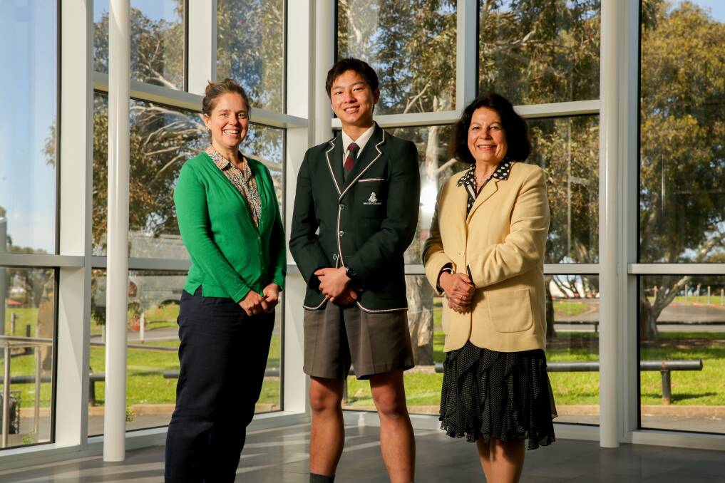 Brauer College maths teacher Natalie Draper (left) and principal Jane Boyle with year 11 student Rain Lai who has been selected to attend the national mathematics summer school in Canberra in January. Picture by Chris Doheny