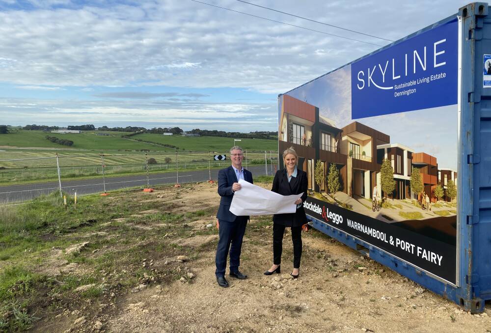 Stockdale and Leggo Skyline Sustainable Living Estate selling agents Matt Northeast and Sarah McCorkell at the site of the new development in Dennington which has sweeping Merri River views. Picture by Madeleine McNeil