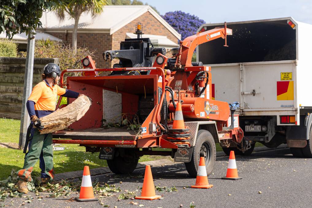 Warrnambool City Council's Isaac Watson cleans up storm damage near the intersection of Moonah Street and Medinah Close on Monday, September 11. Picture by Eddie Guerrero