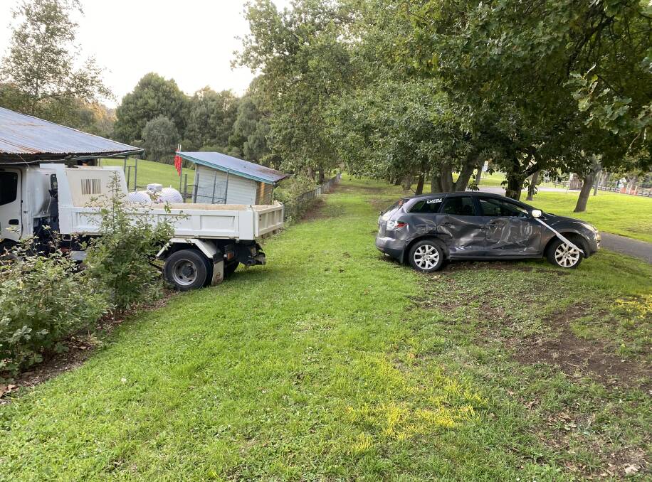 A car was extensively damaged when a runaway truck clipped it, causing it to spin around, on Tuesday afternoon outside Terang College P-4 campus. The truck came to a standstill when it hit a shed on the school grounds. Picture supplied