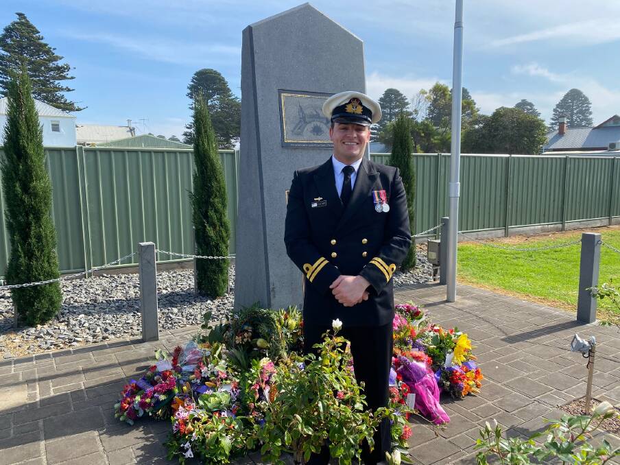 Return: Sydney- based Royal Australian Navy lieutenant Dylan Root, who grew up in Port Fairy, attended the Port Fairy and Koroit Anzac Day services. Picture: Madeleine McNeil