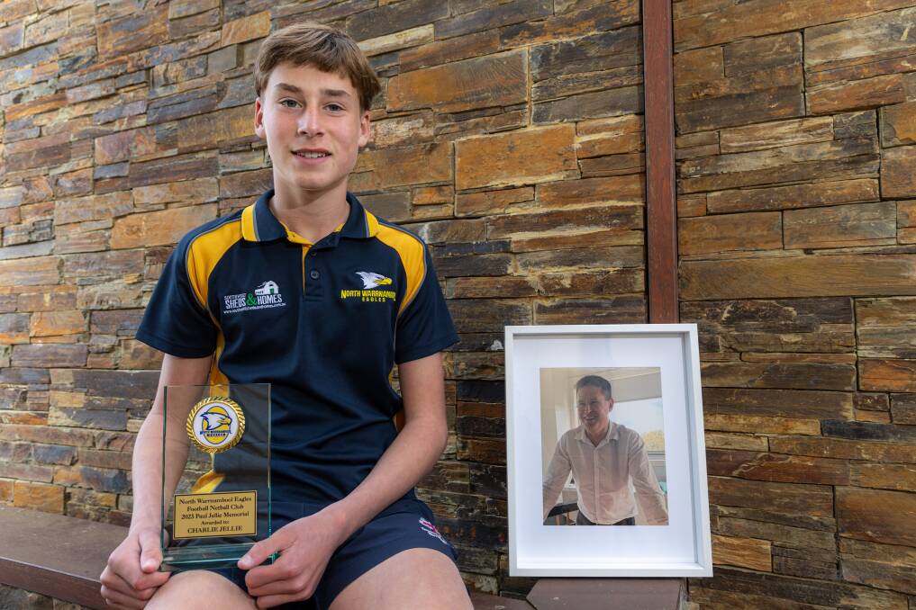 North Warrnambool Eagles under 14 football team captain Charlie Jellie, 13, was named the inaugural Paul Jellie Award winner for displaying the same outstanding qualities as his late dad. The award will be held annually. Picture by Eddie Guerrero