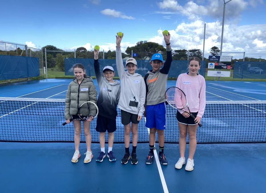 Aurora Johnston-Pengilly, 11, Luke Robson, 13, Cooper Davies, 11, Sooria Sonti, 14, and Amelie Shrive, 12, attended an Australian Open ball kid trial on Saturday in Port Fairy. Picture by Madeleine McNeil