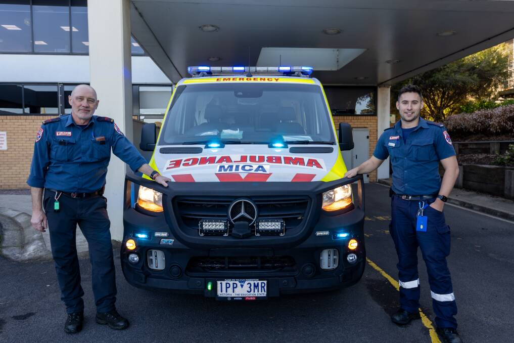 Warrnambool MICA paramedic Jock O'Connor (left), who retires in September 2023 after a 35-year career, says caring for others is "an absolute career highlight". His son Nick, (right) is following in his father's footsteps working as a qualified paramedic. Picture by Eddie Guerrero