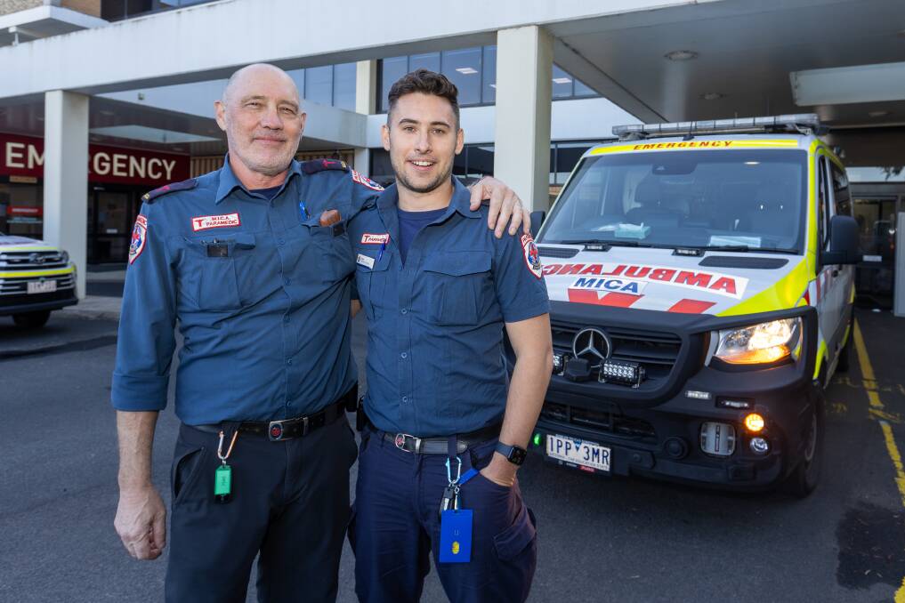 Warrnambool MICA paramedic Jock O'Connor will retire in September after 35 years. His son Nick, 28, who works in Drysdale, near Geelong, is joining him at work for the final weeks of his career. Picture by Eddie Guerrero