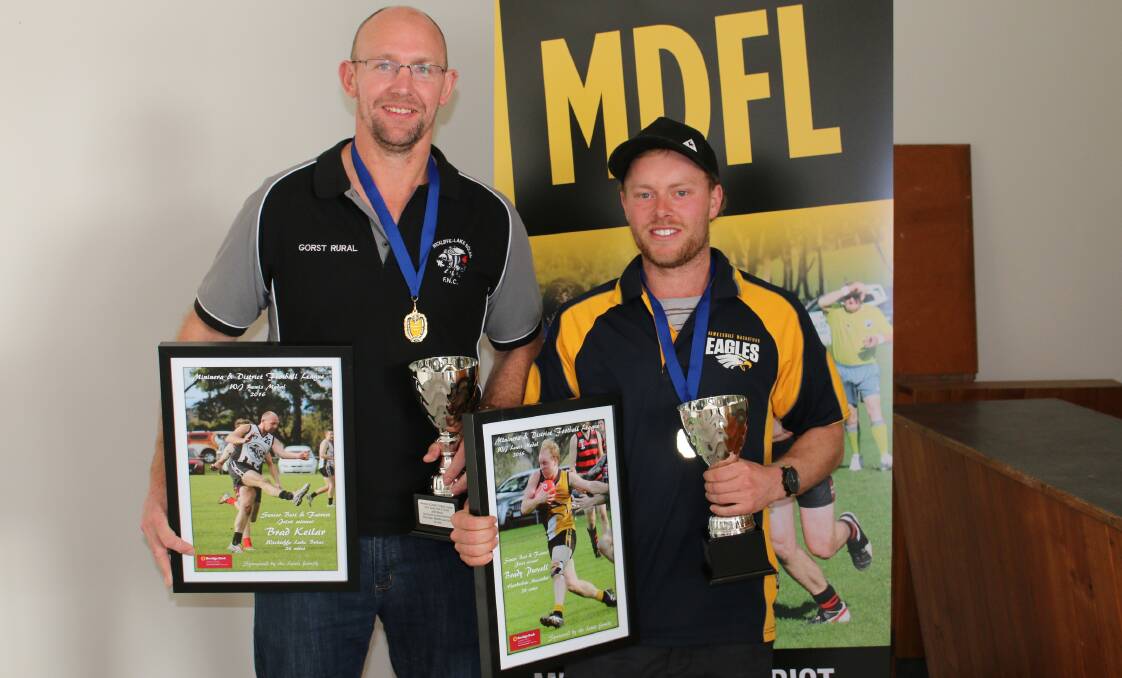 TOP DUO: Wickliffe-Lake Bolac's Brad Keilar and Hawkesdale-Macarthur's Brady Purcell shared the Mininera best and fairest. Picture: Tracey Kruger