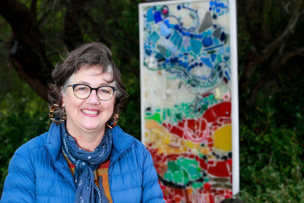 SET IN PLASTIC: Artist Rachel Peters has made an art piece out of plastic waste. The piece is on display at the entrance to the Bluehole in Warrnambool. Picture: Anthony Brady