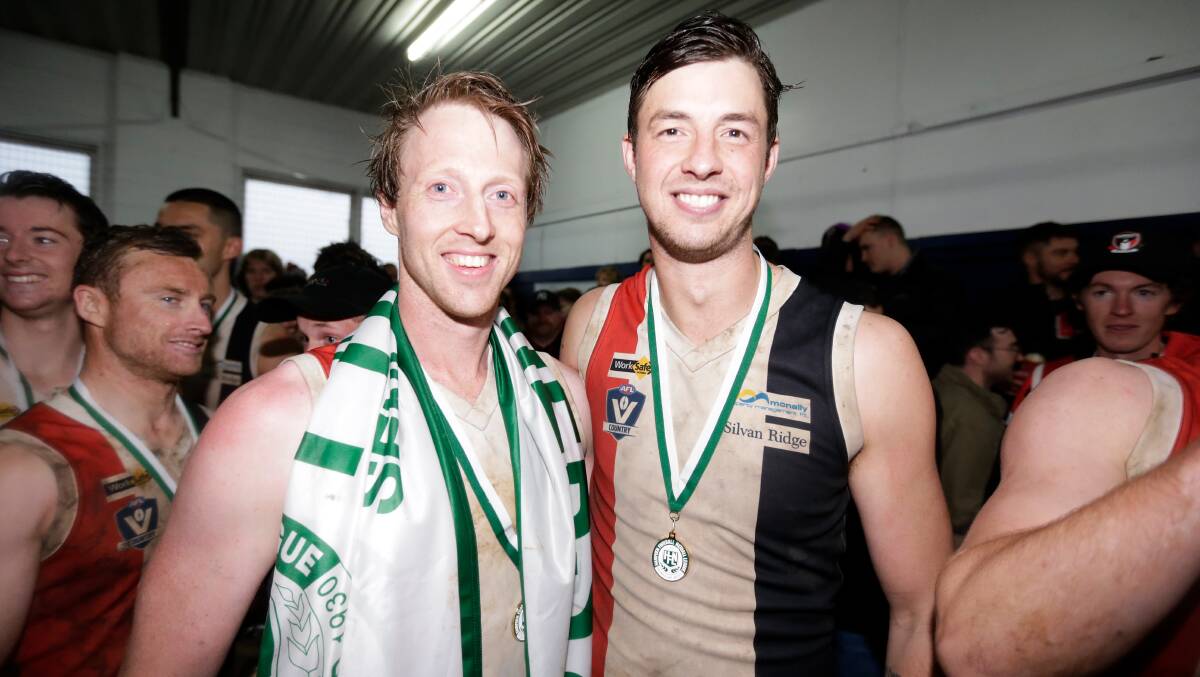 SIX-PEAT: Koroit's Dallas Mooney and Jeremy Hausler after winning there sixth premiership in a row. Picture: Mark Witte