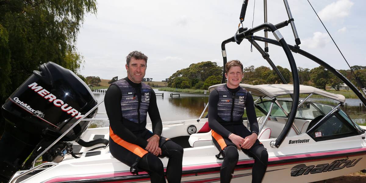Finals bound: Glenfynes Peter Roberts and his son Thomas, 15, are competing at the barefoot water-skiing Australian championships in Sydney. Picture: Mark Witte