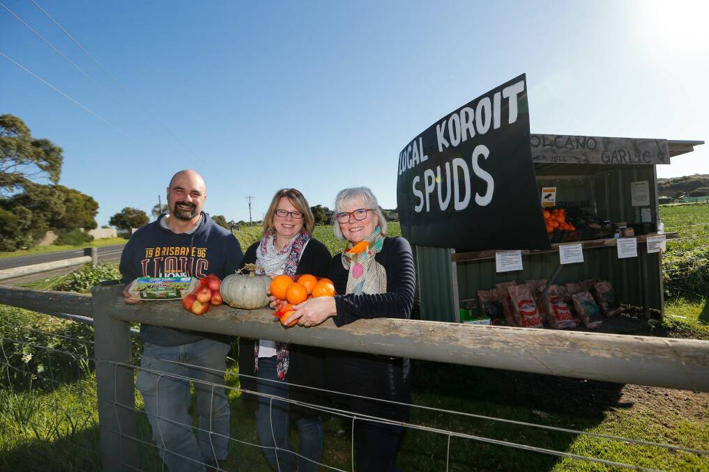 Support: Ben Pohlner, Sarah Pohlner and Barbara Borgas from Volcano Garlic and Produce Tower Hill say the support from the community has been amazing. Picture: Anthony Brady