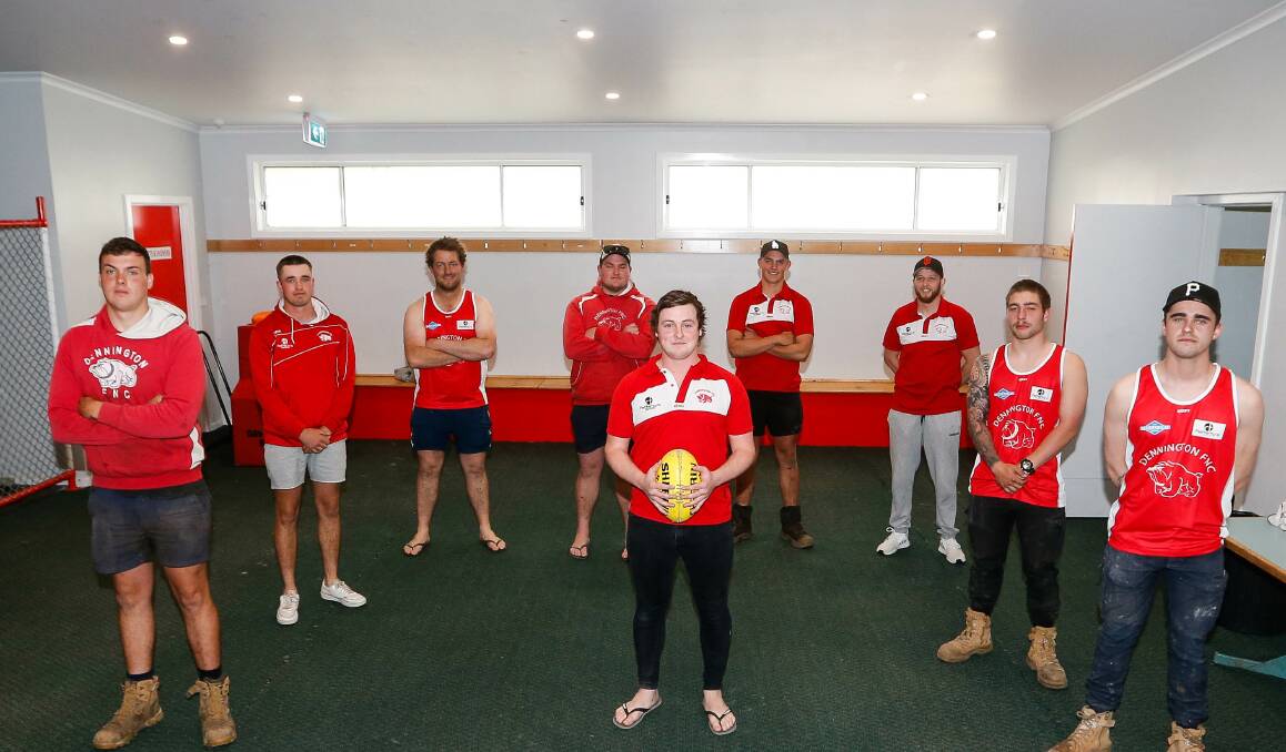 Bring on 2021: New Dennington coach Ben Thornton and assistant Luke Pearson with seven of the club's new recruits. Picture: Anthony Brady