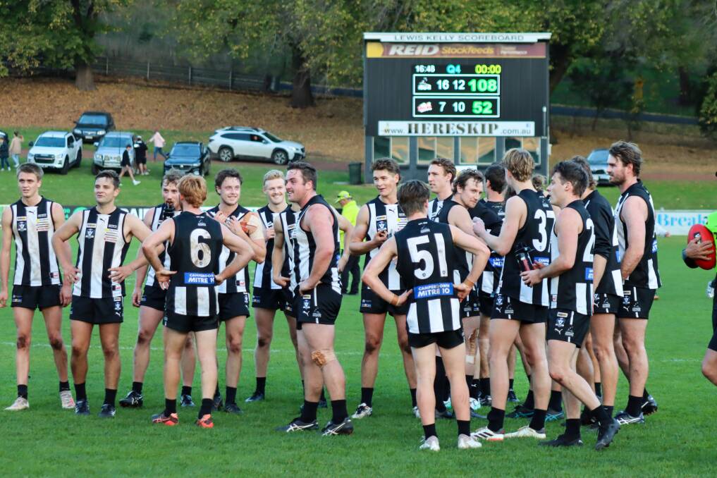 Camperdown players celebrate their win against Cobden in the WorkSafe game. Picture by Justine McCullagh-Beasy