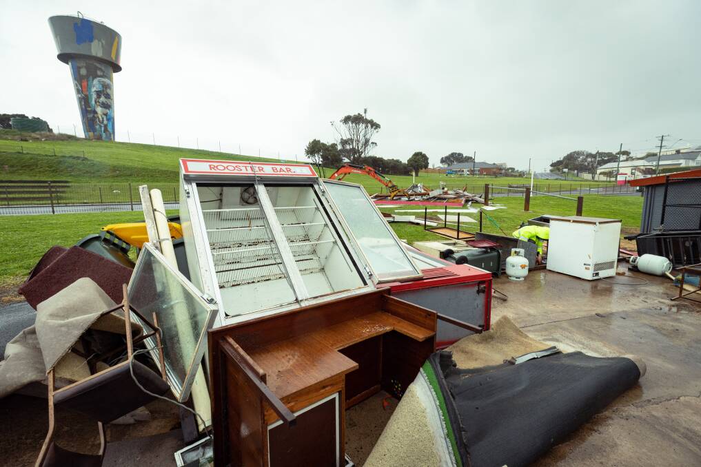 The remains of the Rooster Bar at Friendly Societies' Park on Friday morning after the facility was destroyed in fierce winds, that even knocked fridges over. Picture by Sean McKenna