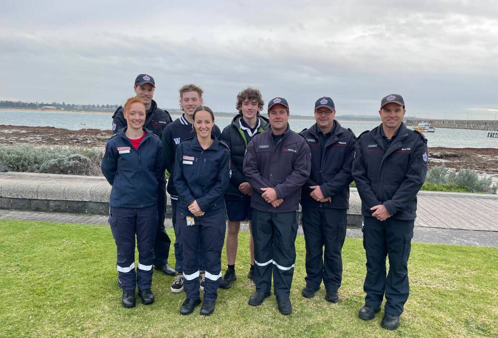 Ryan and Sam Bellman with members from Warrnambool Ambulance Victoria and Fire Rescue Victoria, including AV team manager Tara Boyce (front left).