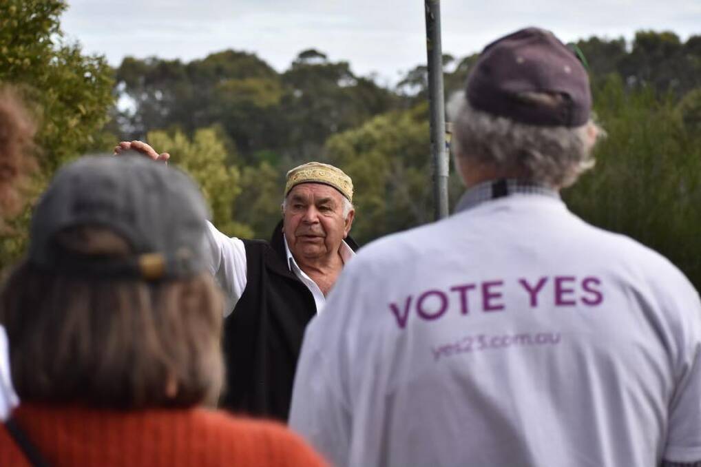 Kirrae Whurrong elder Uncle Lenny Clarke speaks to crowds at his property in Framlingham during a Vote Yes campaign event. Picture Sharon Farmer