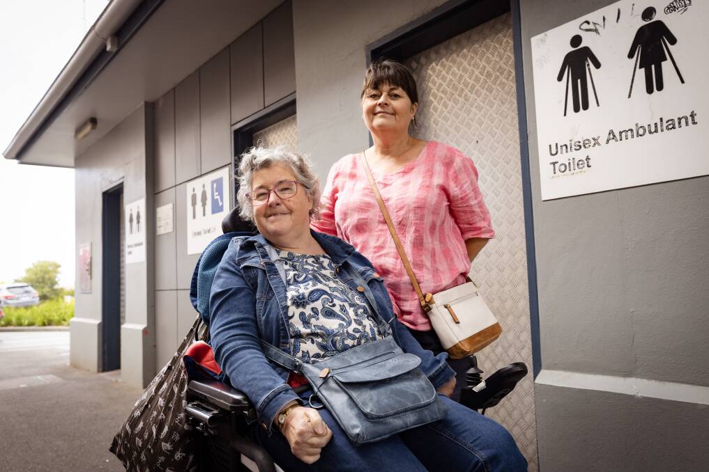 Dawn Whitehead and Tiaki support worker Jill Jacobsen are calling for people's 'horror stories' about the lack of toilets with a hoist for wheelchair users in Warrnambool's CBD. Picture by Sean McKenna