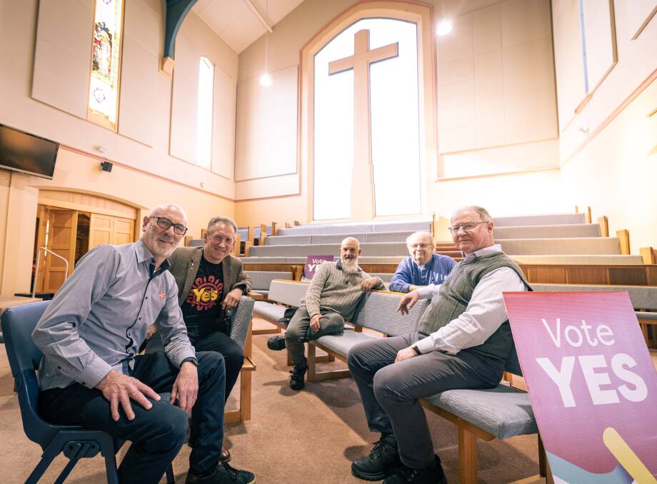 Major Brett Allchin, Reverend Malcolm Frazer, Father Hayden McKellar, Father Donald Bellamy and Father John Fitzgerald are among a group of south-west church leaders who have united in support of the Voice. Picture by Sean McKenna