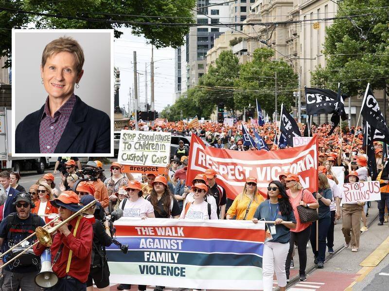 Hundreds of walkers took to the streets in a show of solidarity against family violence. (Inset) Helen Bolton, the chief executive officer of Warrnambool's Sexual Assault & Family Violence Centre (SAFV), known locally as Emma House. 