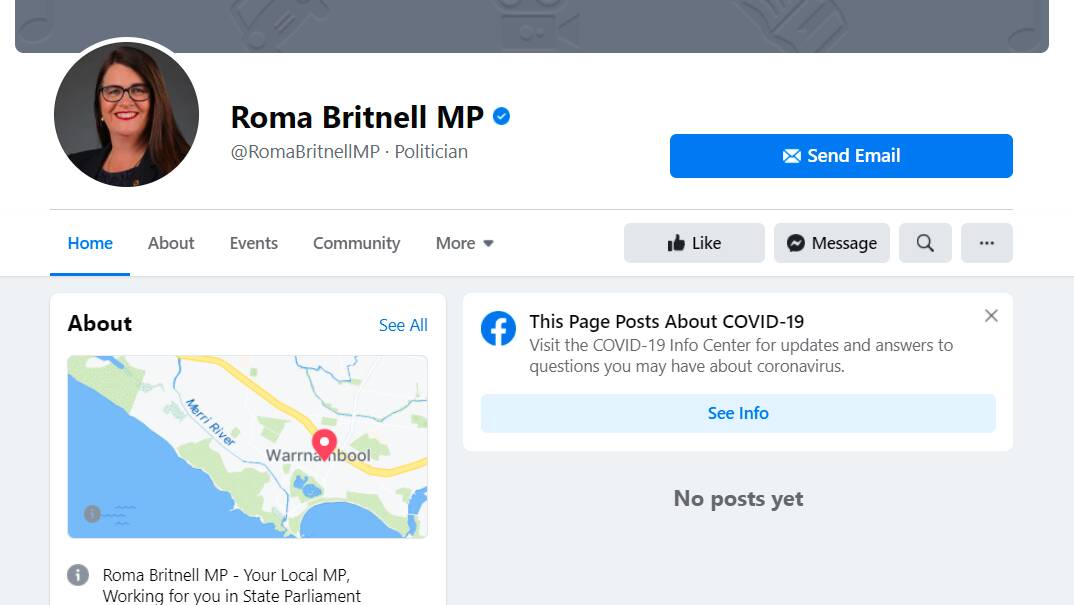 GONE: The Facebook page of South West Coast MP Roma Britnell appears to be have been wiped following broader changes to Facebook on Thursday.
