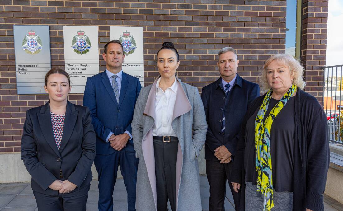 Warrnambool family violence investigation unit's Detective Senior Constable Tammy Barry, Detective Senior Constable Robert Wilson, Detective Sergent Kim Wheeler, Detective Senior Sergent Leigh Creaset and analyst Gill Kirby. Pictured by Eddie Guerrero.