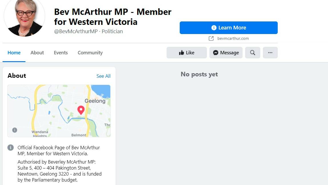 GONE: The Facebook page of Western Victoria MP Bev McArthur appears to be have been wiped following broader changes to Facebook on Thursday.