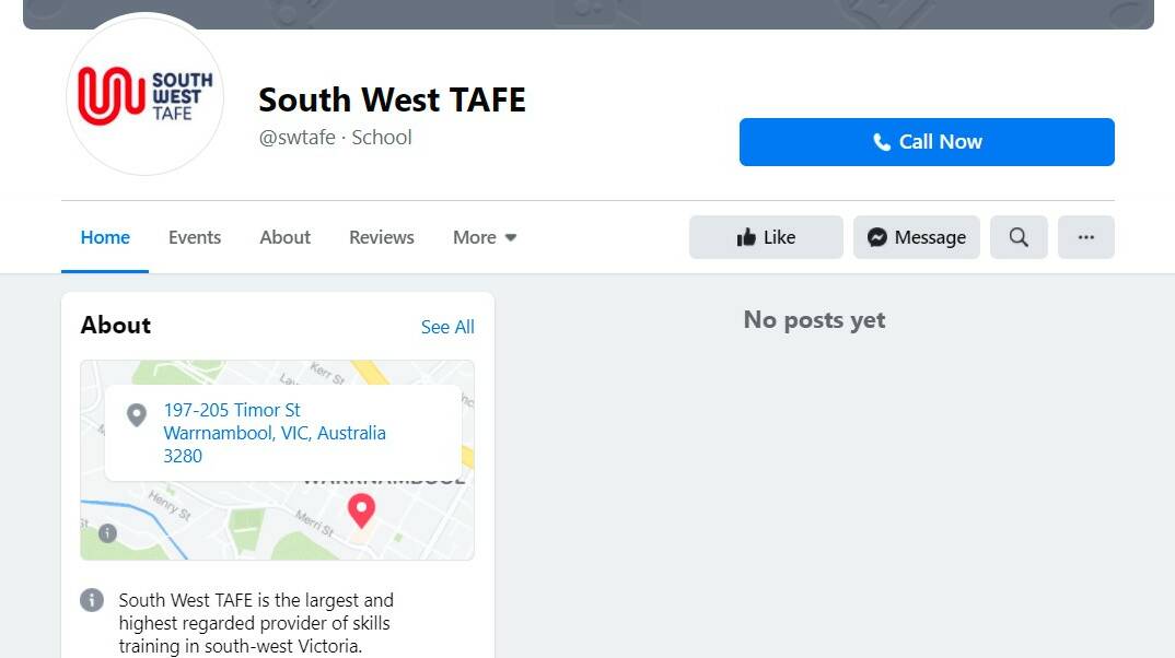 WIPED: South West TAFE's Facebook page was one of many incorrectly removed by the tech giant on Tuesday.