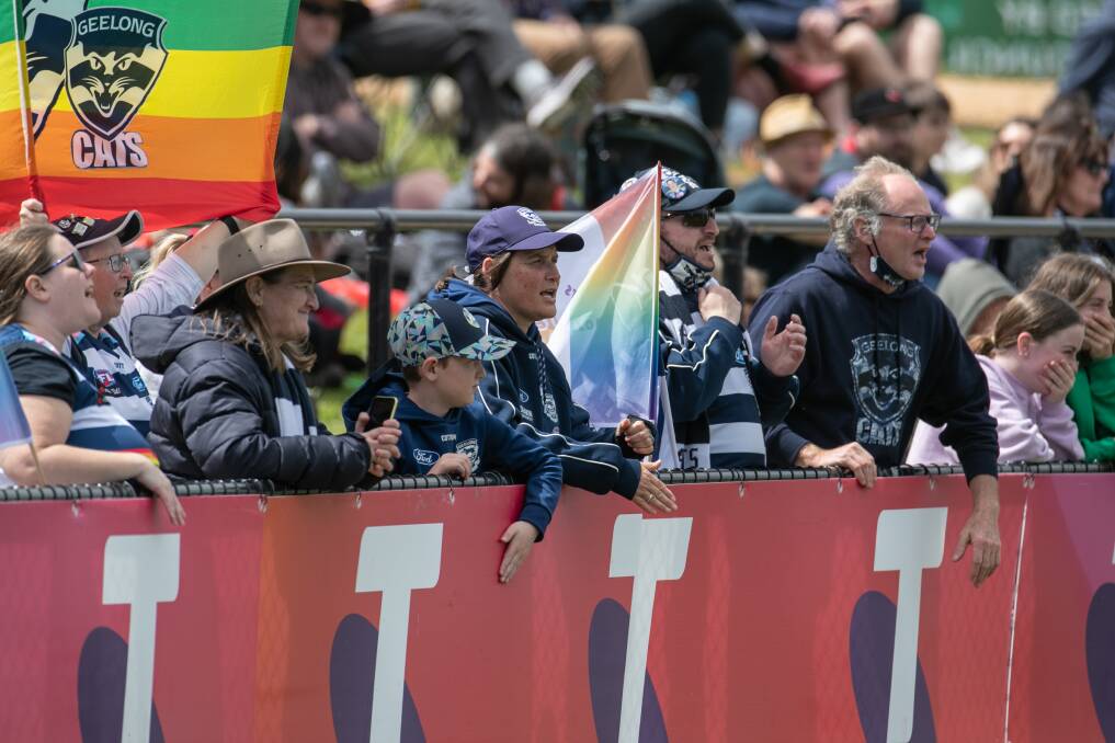 Geelong fans cheer on the Cats during their AFLW game at Warrnambool's Reid Oval. Picture by Sean McKenna 