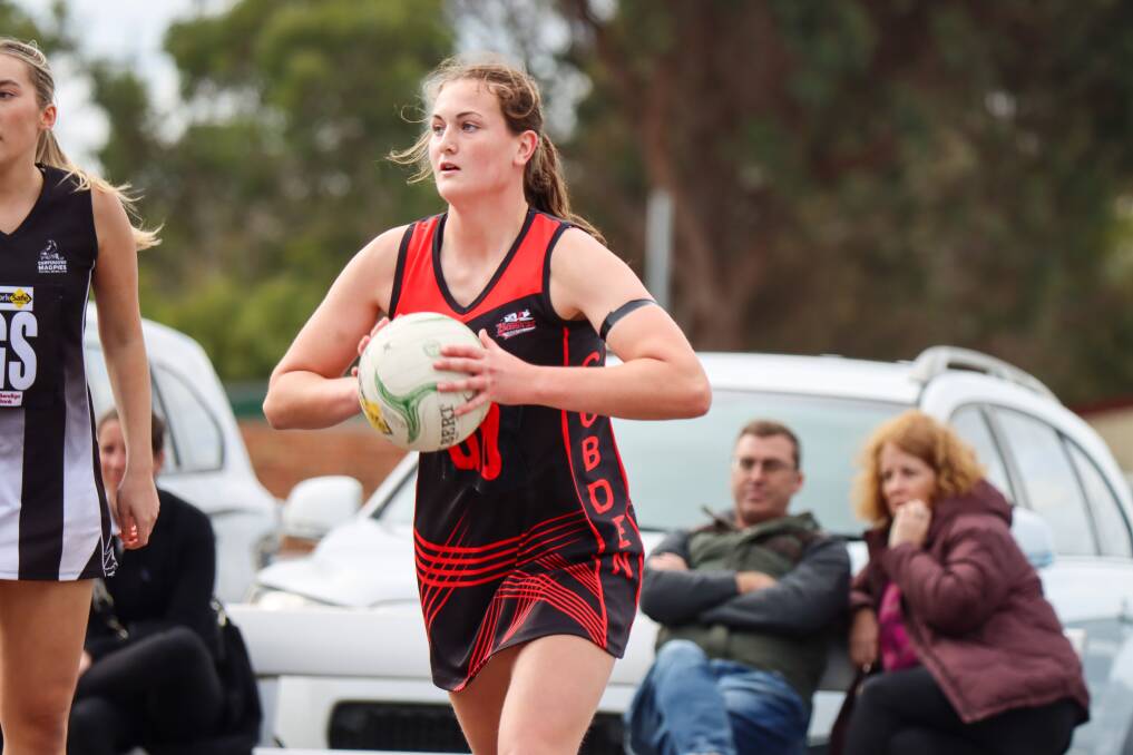 Cobden's Nikki Clover in action against Camperdown during the 2024 Hampden open netball season. Picture by Justine McCullagh-Beasy 
