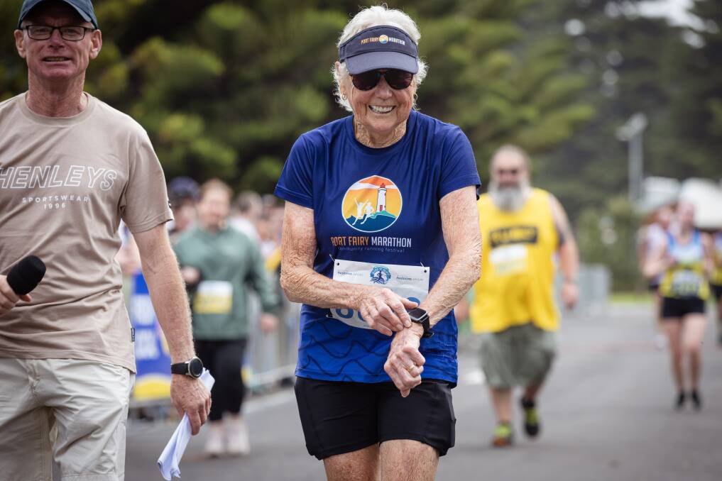Former Olympian Judy Pollock, who now lives in Port Fairy, completes the Surf T Surf 6km walk. Picture by Sean McKenna 