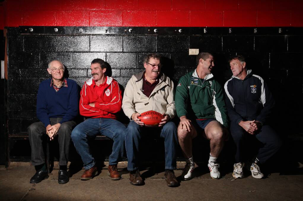 South Warrnambool players (left-to-right) Bob Nisbet (Hawthorn), Darren Bolden (Ftizroy), Kevin 'Cowboy' Neale (St Kilda), Jonathan Brown (Brisbane) and Alan Thompson (Fitzroy) pictured at Reid Oval in 2015. File picture 