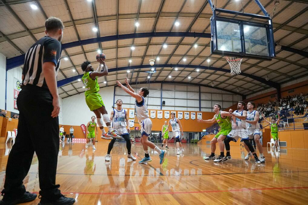 Warrnambool Seahawks' Kester Ofoegbu with the fade-away jumper against Coburg Giants on Saturday, May 18. Picture by Larry Lawson 